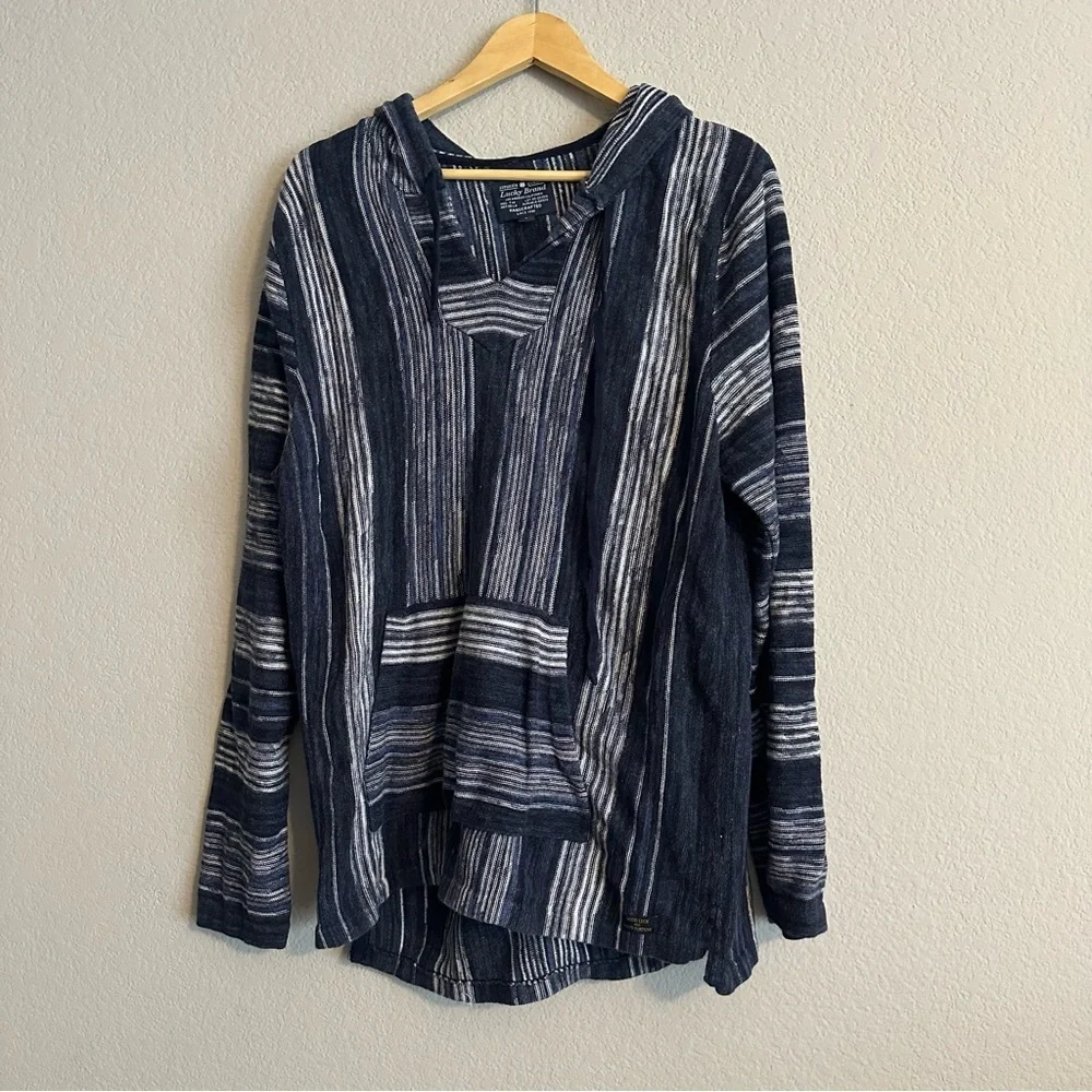 Lucky Brand Baja Woven Hooded Sweatshirt Sz Large Navy and White Long Sleeveless